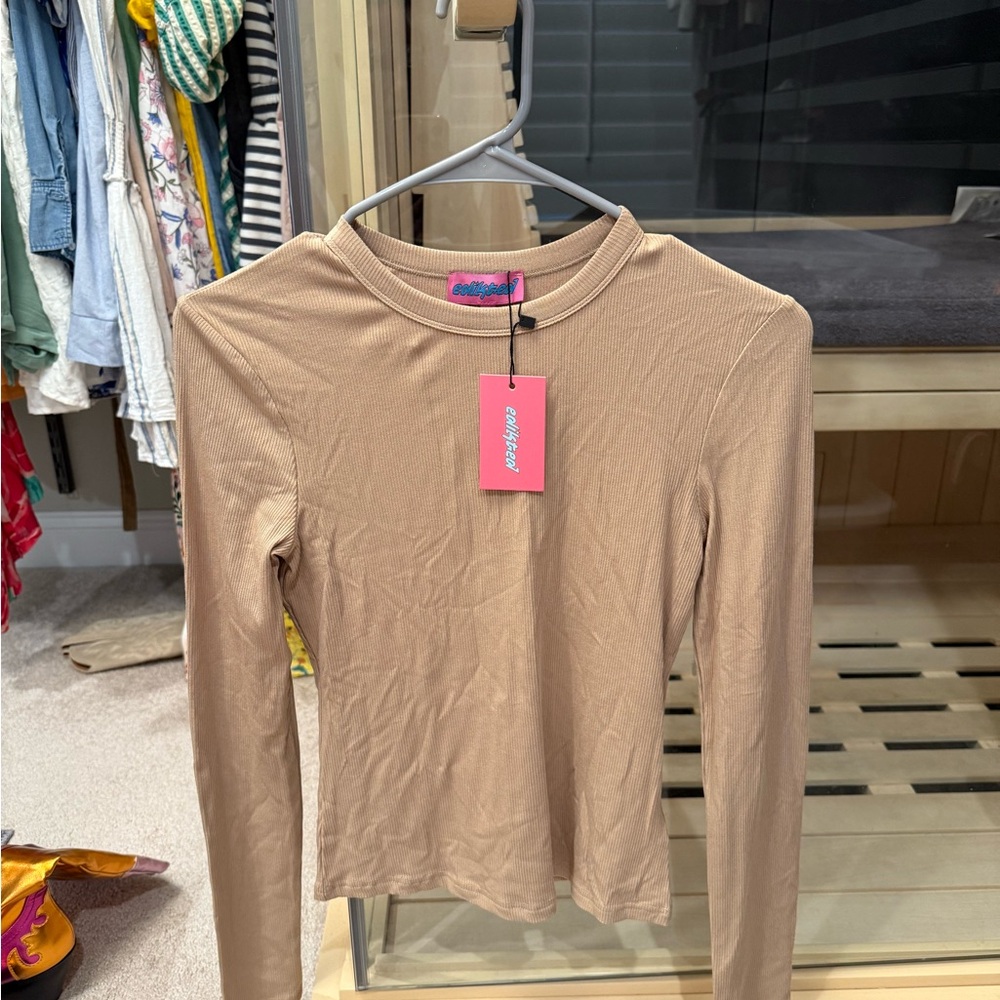 Edikted Tan Ribbed Fitted Long Sleeve Blouse